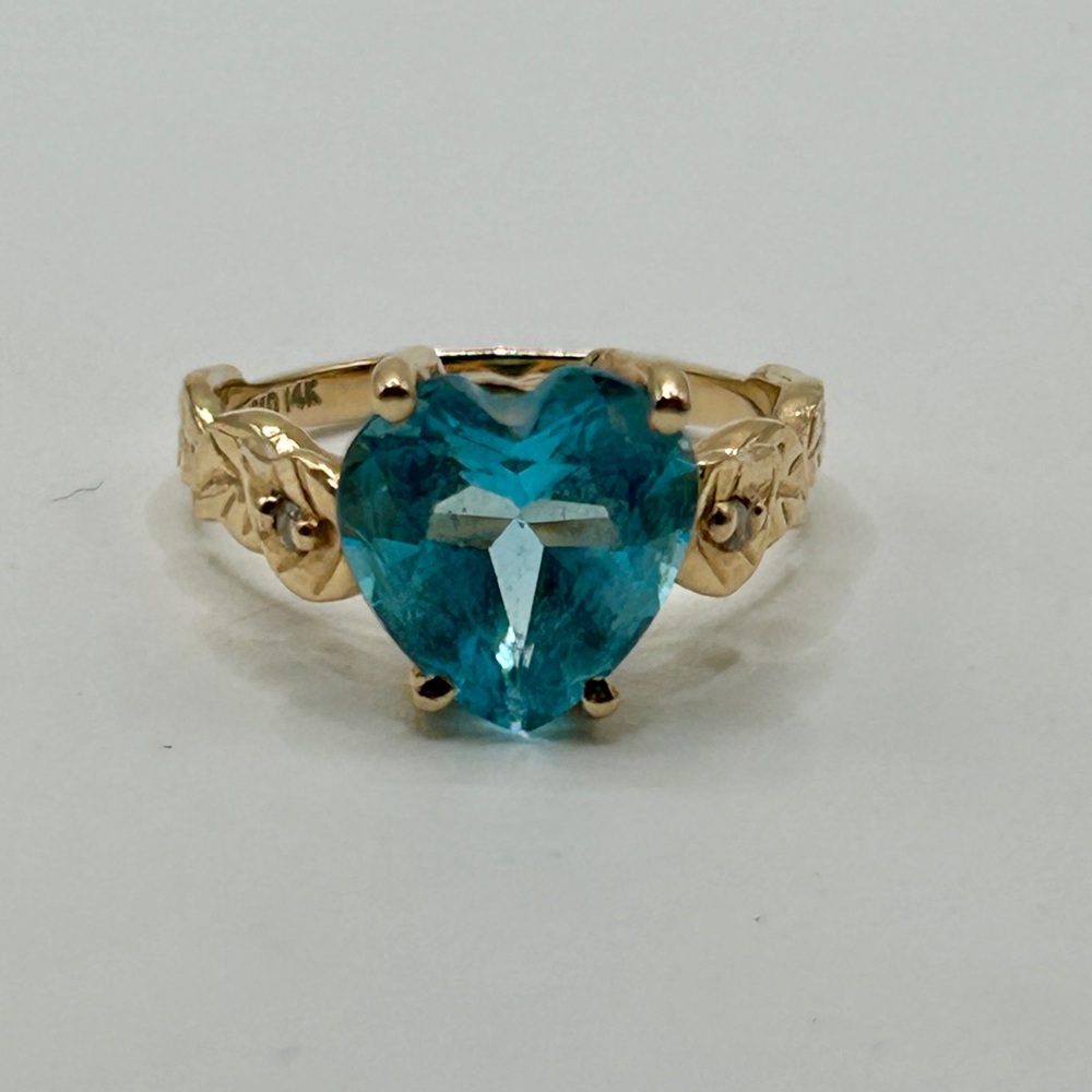14k Solid Gold Ring Blue Heart 10mm Topaz and Diamond Gemstone - Picture 9 of 13